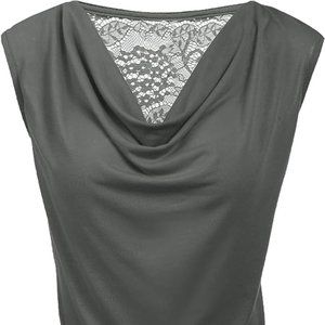 Sleeveless feminine cut tank top w/ pretty lace back, cowl neck, ruched waist